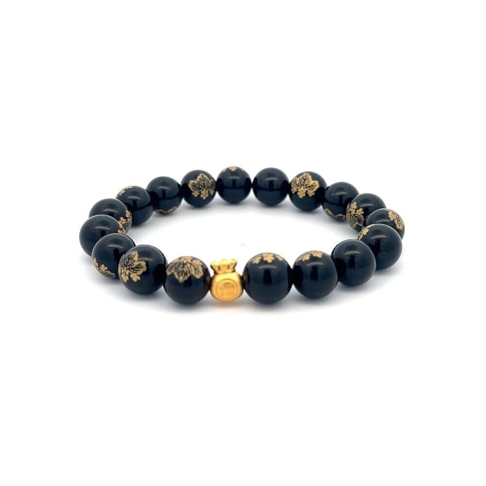 24K Yellow Gold Money Bag Lucky Bracelet Carved Black Agate Gemstones 10mm